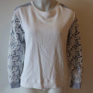Womens Custommade White Blue Crochet Striped Mixed Media Sweatshirt Top S *